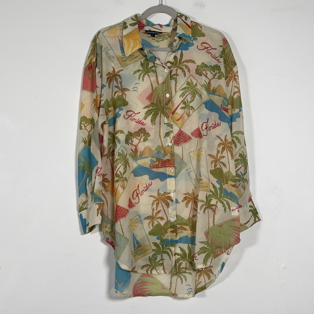 Club Z Collection Coverup Sheer Shirt Womens Sz L Florida Palm Resort Beach‎